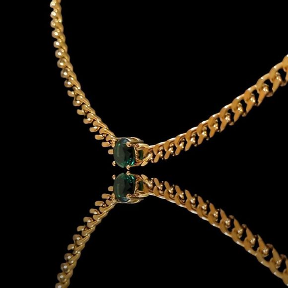 24" x 3mm 14K Gold Finish Green Stone Cuban Chain Over Stainless Steel. - Picture 7 of 11